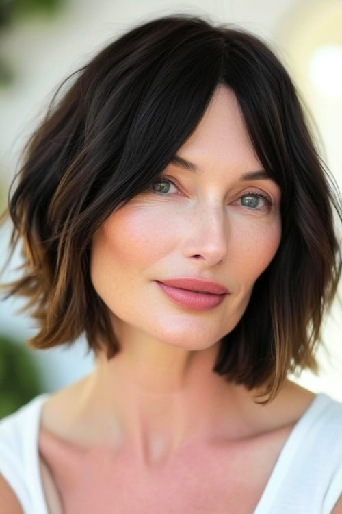 Bob with curtain bangs on beautiful older woman.