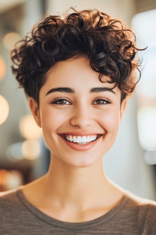 Bouncy curly pixie cut.