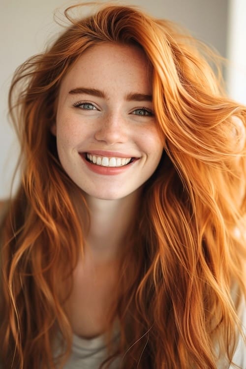 Bright golden copper waves on smiling young woman.