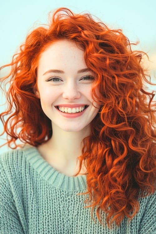 Bright orange copper curls on smiling woman wearing pale sea green sweater.