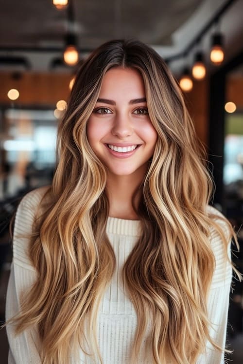 Bronde, blond brown hair color blend on smiling woman with long hair.