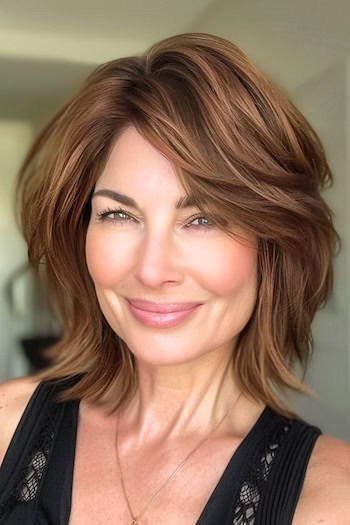 Bronzed Chocolate Brown Cropped Layers Hairstyle on smiling woman with brown hair.