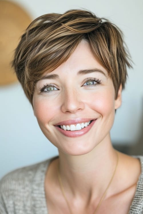 Brown with highlights pixie haircut idea.