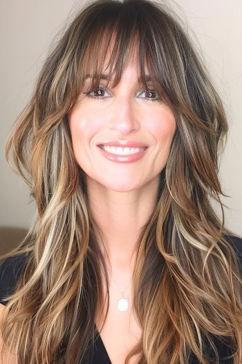 Brunette Shag With Blonde Balayage Hairstyle on smiling woman with long brown hair and blonde balayage highlights.