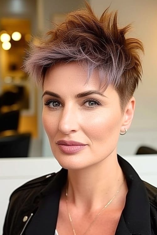 Burgundy spiky pixie cut on older woman.