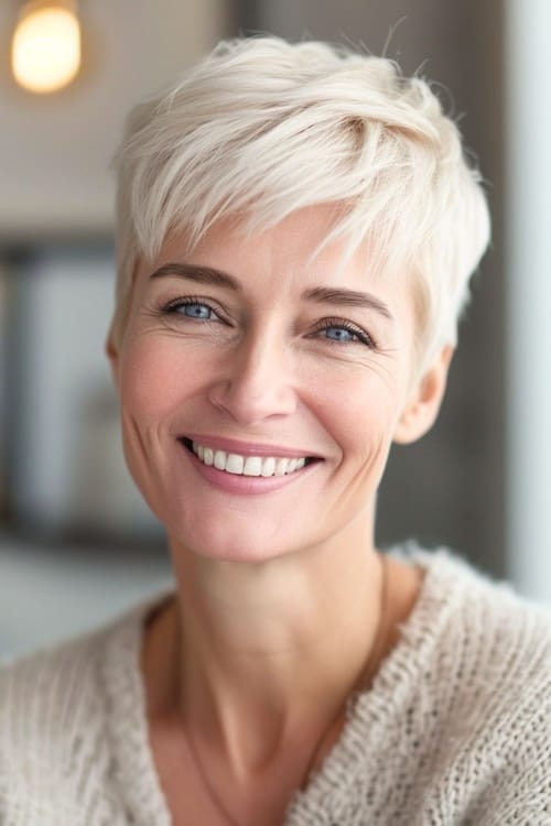 Buttery blond pixie haircut on smiling woman over 50.