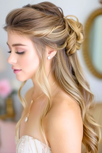 Caramel Blonde Half Up Half Down Style With Loose Curls Hairstyle on young woman with long hair, side view.