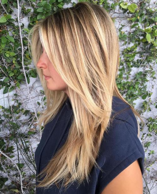 Caramel Blonde Straight Layered Hairstyle