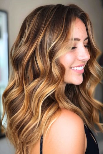 Caramel Honey Blonde Highlights on Dark Brown Hair.