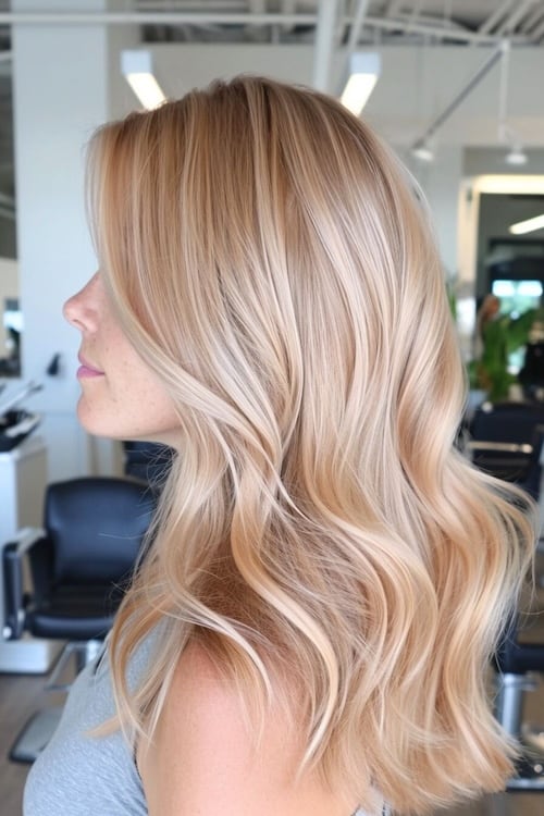 Champagne blond with peach undertones hair color, side view.