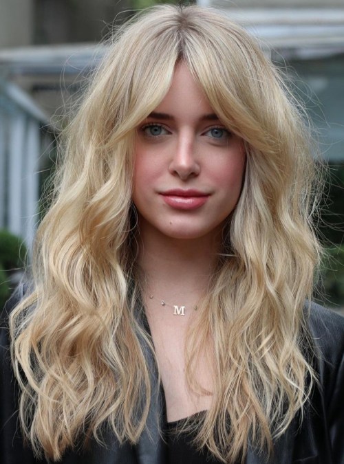 Champaign Blonde Long Hair with Curtain Bangs