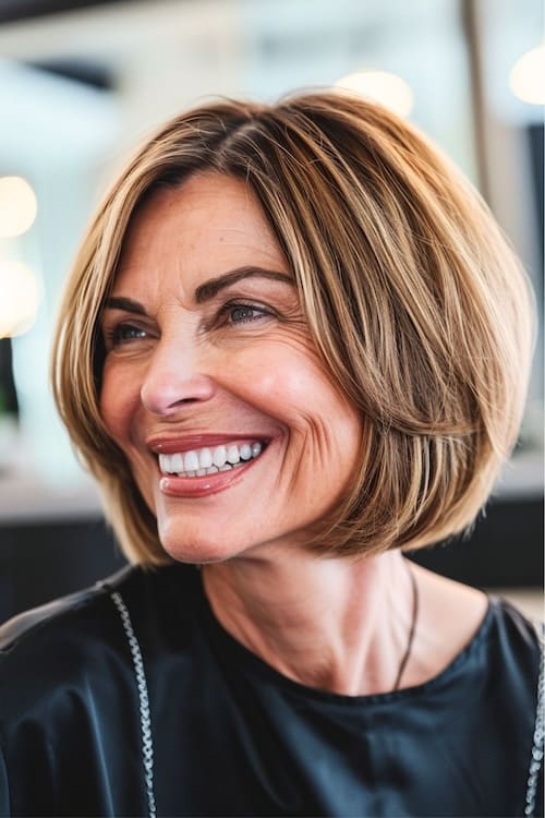 Chic angled bob on older woman.