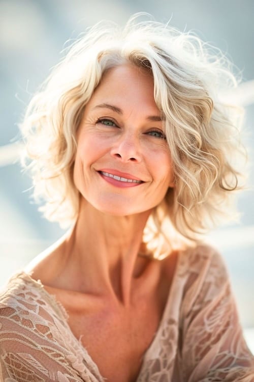 Chin-length blond waves on woman over 50.