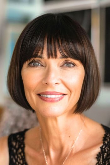 Chin-Length Bob With Bangs Hairstyle on smiling older woman with dark brown hair.