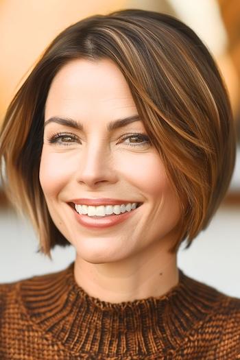 Chin-Length Bob with Highlights Hairstyle on a smiling woman with brown hair and blonde highlights.