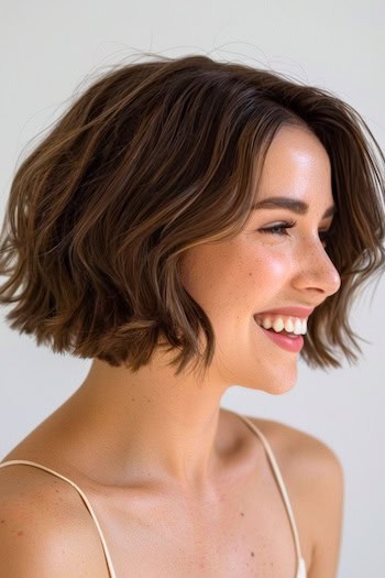 Chin-Length Choppy Wavy Bob Short Hairstyle.