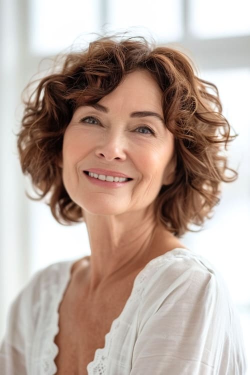 Chin-lnegth brown curls on older woman.