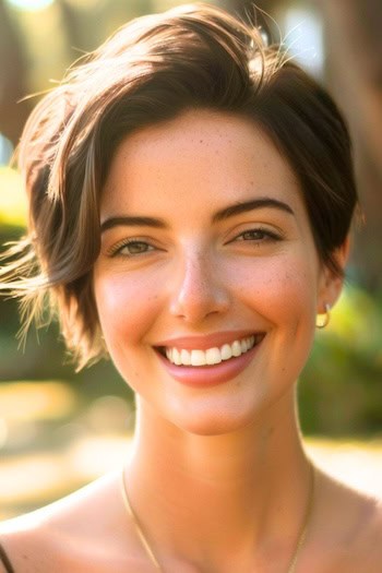 Chocolate Asymmetrical Pixie Hairstyle on smiling woman with brown hair.