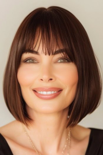 Chocolate Bob with Wispy Bangs Hairstyle on smiling woman with brown hair.