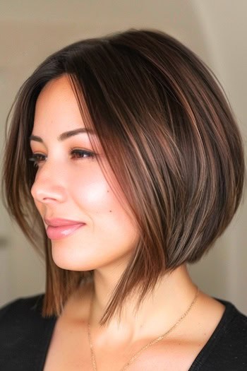 Chocolate Brown Angled Bob Hairstyle on smiling woman with brown hair.