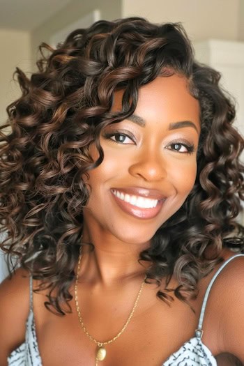 Chocolate Brown Curls Hairstyle on smiling woman with brown hair.