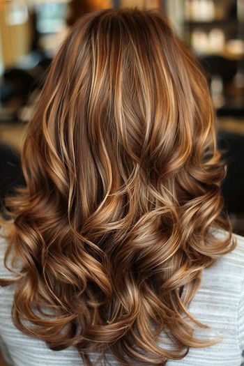 Chocolate Brown Curls with Golden Highlights Hairstyle on woman with brown hair, back view.