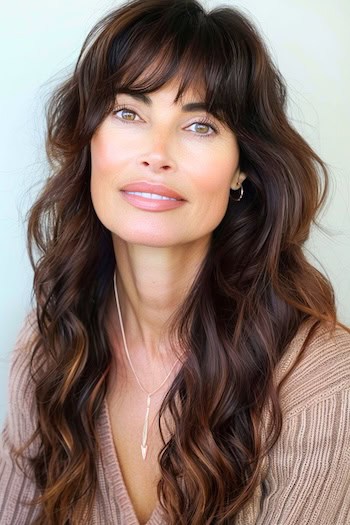 Chocolate Brown Layers With Caramel Highlights Hairstyle on smiling woman with brown hair.