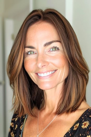 Chocolate Brown Lob With Light Brown Highlights Hairstyle on smiling woman with brown hair.