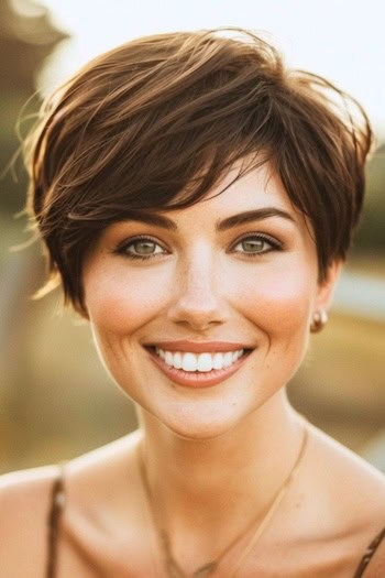 Chocolate Brown Rounded Pixie Hairstyle on smiling woman with brown hair.