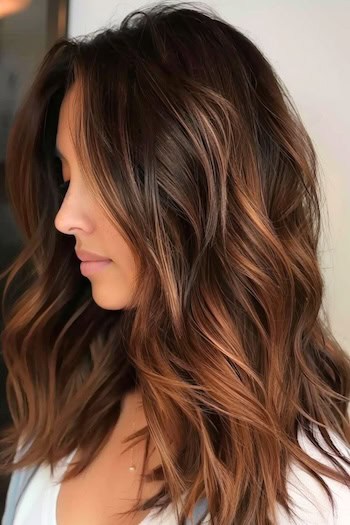 Chocolate Brown Waves with Auburn Balayage Hairstyle on woman with brown hair, side view.