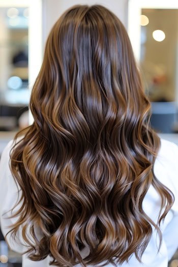 Chocolate Brown Waves with Subtle Highlights Hairstyle on woman with brown hair, back view.