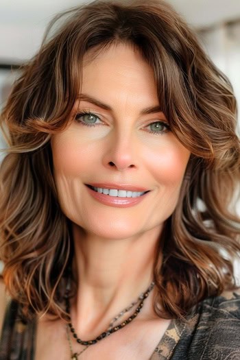 Chocolate Brown with Caramel Face-Framing Layers Hairstyle on smiling woman with brown hair.