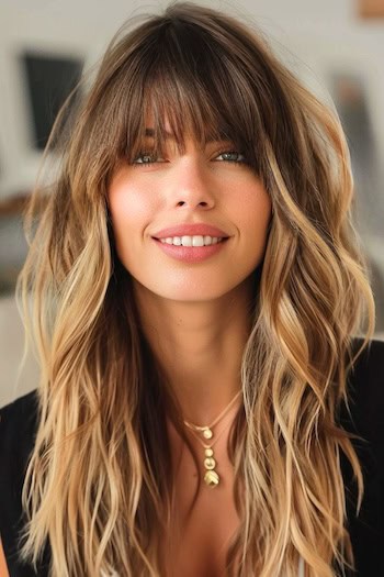 Chocolate Shag With Caramel Highlights Hairstyle on smiling woman with long brown hair and caramel blonde highlights.