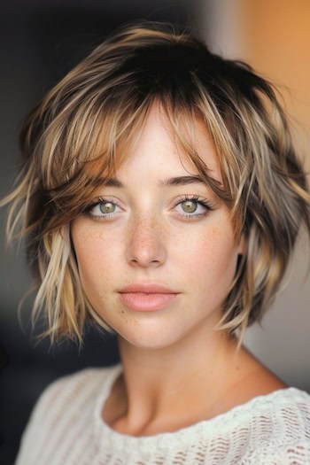 Choppy Bronde Layers with Curtain Bangs Short Hairstyle.