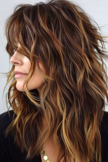 Choppy Brunette Shag With Caramel Highlights Hairstyle on a woman with long brown hair and highlights, side view.