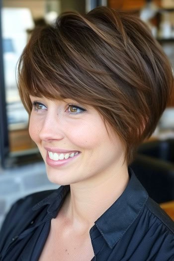 Choppy Pixie Bob with Full Bangs Short Hairstyle.