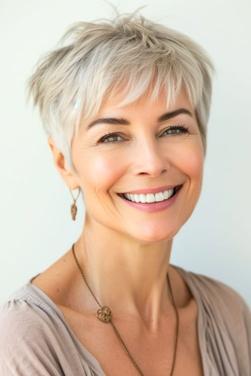 Choppy pixie with bangs on smiling older woman.