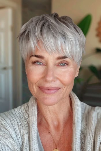 Choppy Straight Pixie with Fringe Hairstyle on smiling older woman with gray hair.