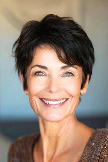 Choppy Textured Pixie Hairstyle on smiling older woman with brown hair.