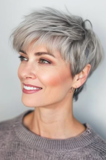 Choppy Textured Silver Pixie Short Hairstyle.