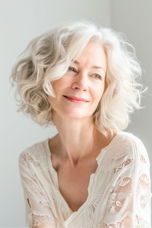 Classic blond gray curls on woman over 50.