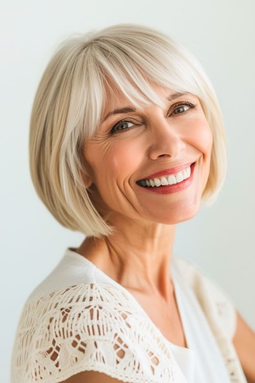 Classic blonde bob with bangs on smiling older woman.