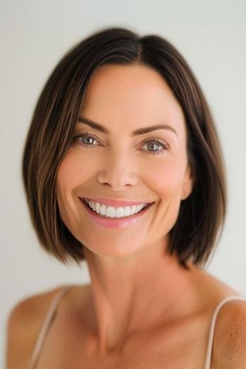 Classic Bob Hairstyle on a smiling older woman with brown hair.