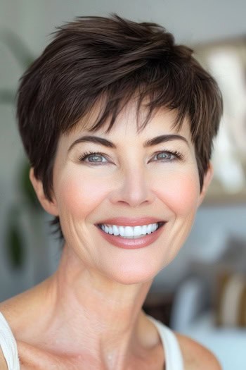 Classic Brown Pixie Hairstyle on smiling older woman.