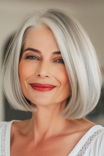 Classic Silver Bob Hairstyle on a smiling woman with gray hair.