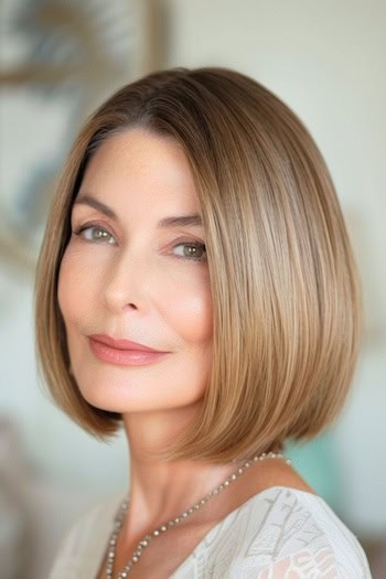 Classic Straight Bob Hairstyle on smiling older woman with brown hair.