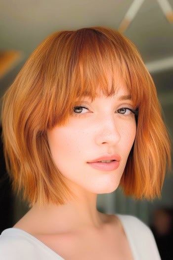 Copper Bob With Bangs Short Hairstyle.