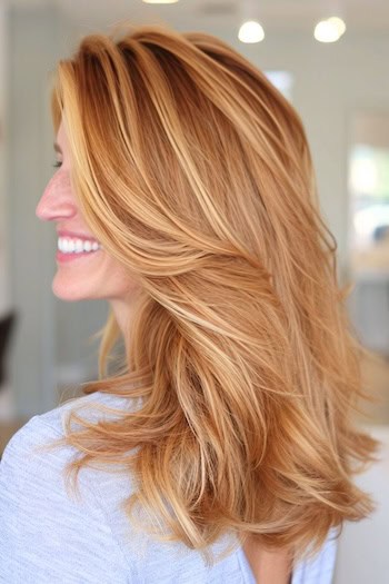 Copper Honey Blonde Layers Hair Color Idea.