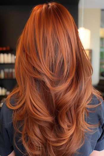 Copper Long Layers Hairstyle With Bangs.