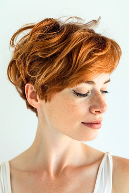 Copper red pixie hair cut on woman with closed eyes.